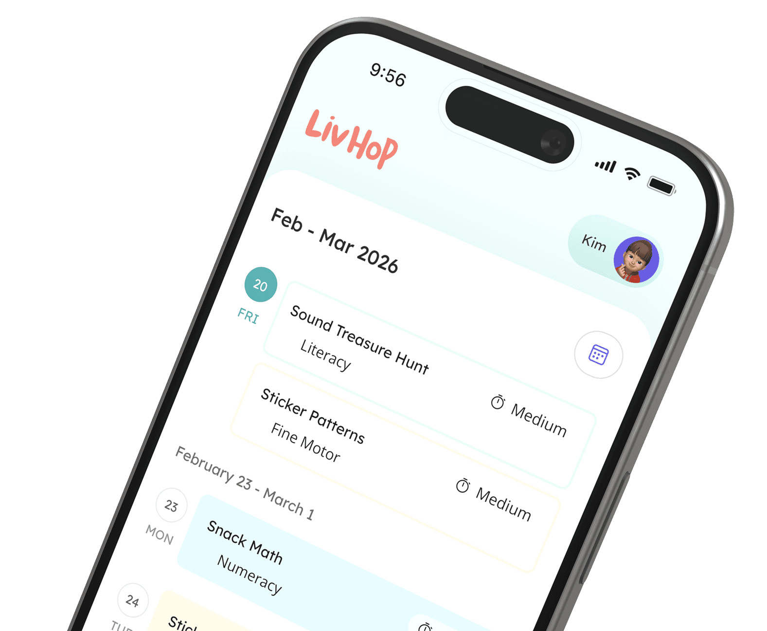 Two-week activity plan screen